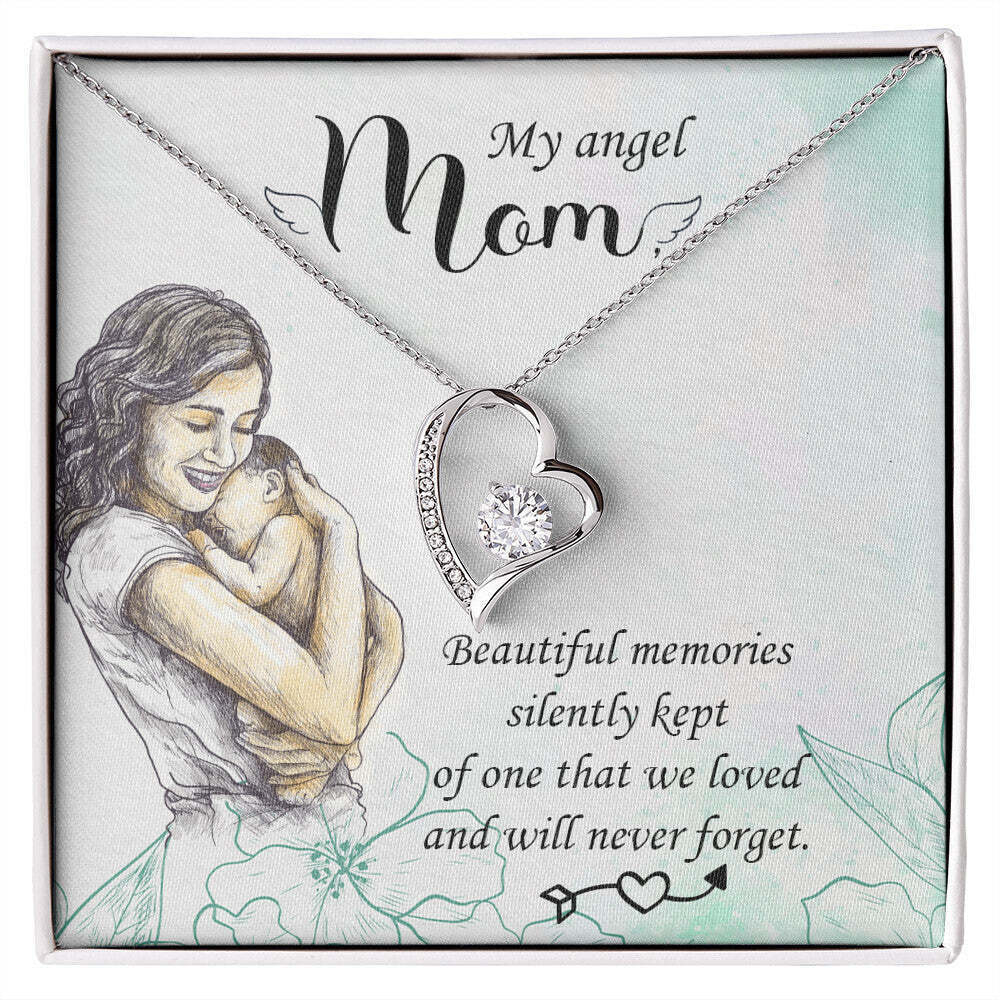Mom Beautiful Memories Forever Love CZ Heart Necklace White Gold Standard Box